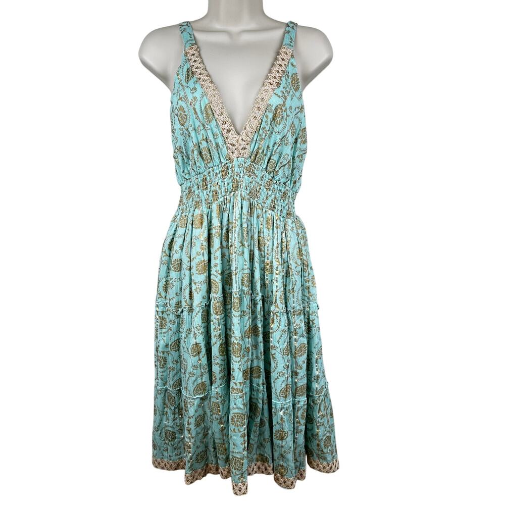 NEW India Boutique Dress Tiered Sleeveless Floral Metallic Green One Size Boho